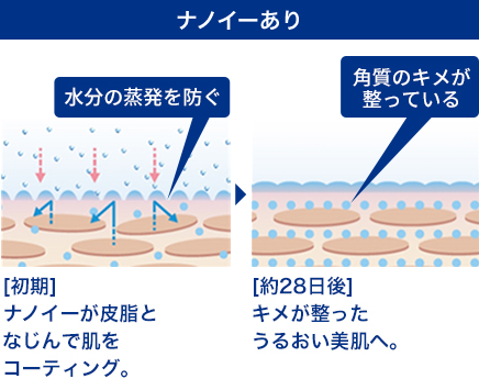 ナノイーありの場合、[初期]ナノイーが皮脂となじんで肌をコーティング。水分の蒸発を防ぐ。[約28日後]キメが整ったうるおい美肌へ。角質のキメが整っている。